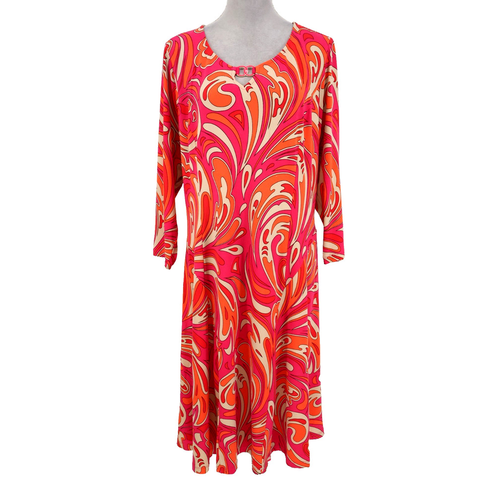 Susan Graver Dress Womens XL Pink Orange Beige Paisley Stretch Knit Midi Career